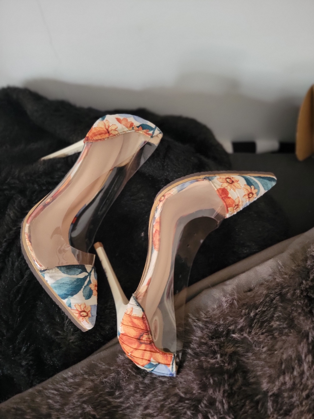 Elegant Floral Pointed-Toe Clear Stiletto Heels - White/Blue/Orange